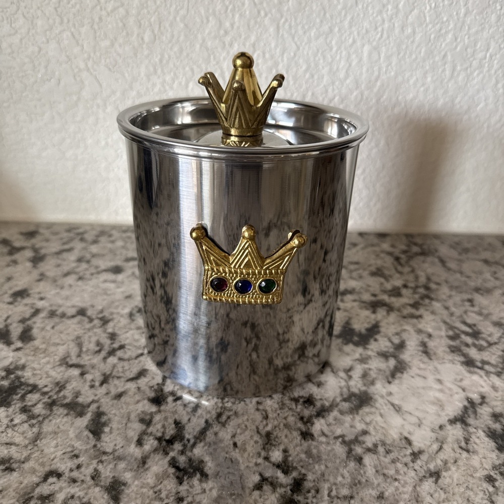 Vintage Mizar Chando India Stainless Steel Ice Bucket Crown Lid Brass Emblem MCM